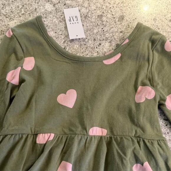 NWT Baby Gap Green Pink Hearts 100% Cotton Long Sleeve Scoop Neck Dress-Size 3T - Picture 5 of 10
